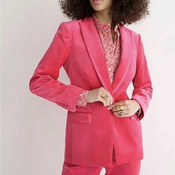 J. Crew Suit Dragonfruit Pink Velvet Featuring the Willa Blazer & Kate Trousers - Picture 1 of 16